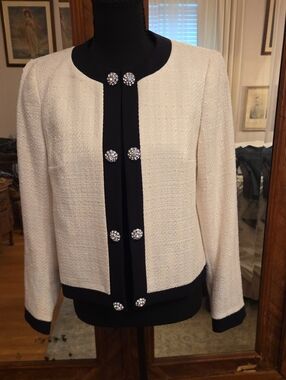 Anne Klein Cream Bouclé Jacket with Black Trim and Rhinestone Buttons